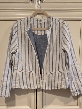 Chico's Linen Blue and White Striped Open-Front Jacket